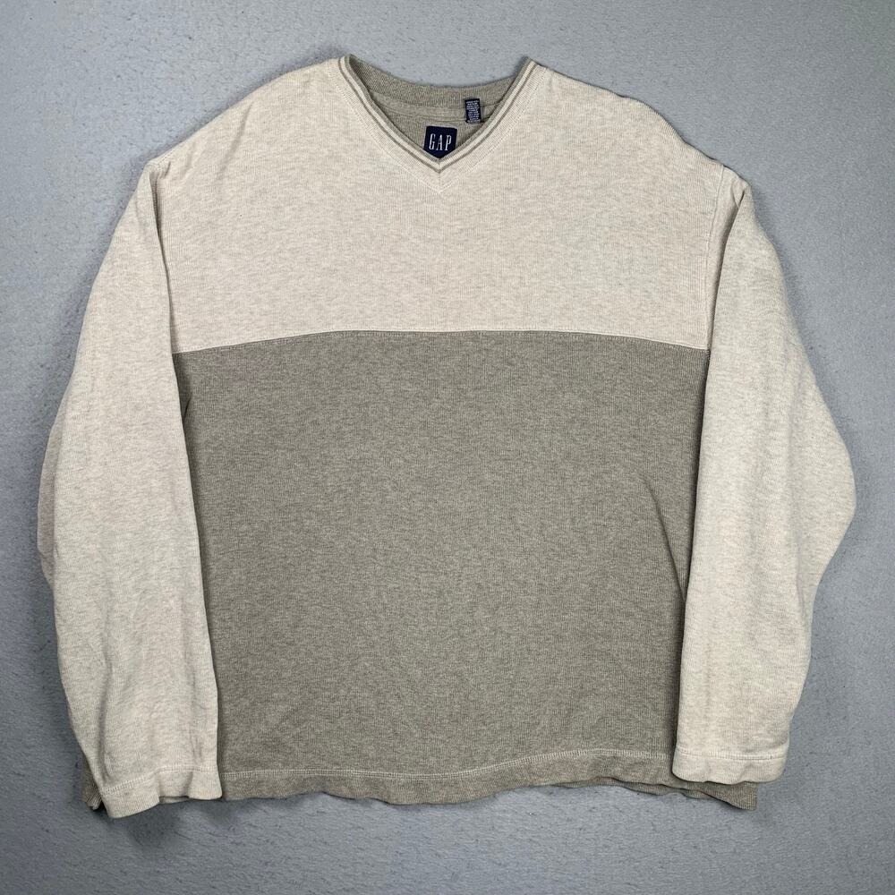 Vintage GAP Sweater Mens 2XL Pullover Colorblock Gray Beige Ribbed V Neck Y2K